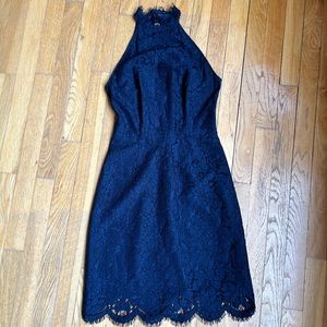 BB Dakota size 0 navy lace mini dress with high lace neckline and open back